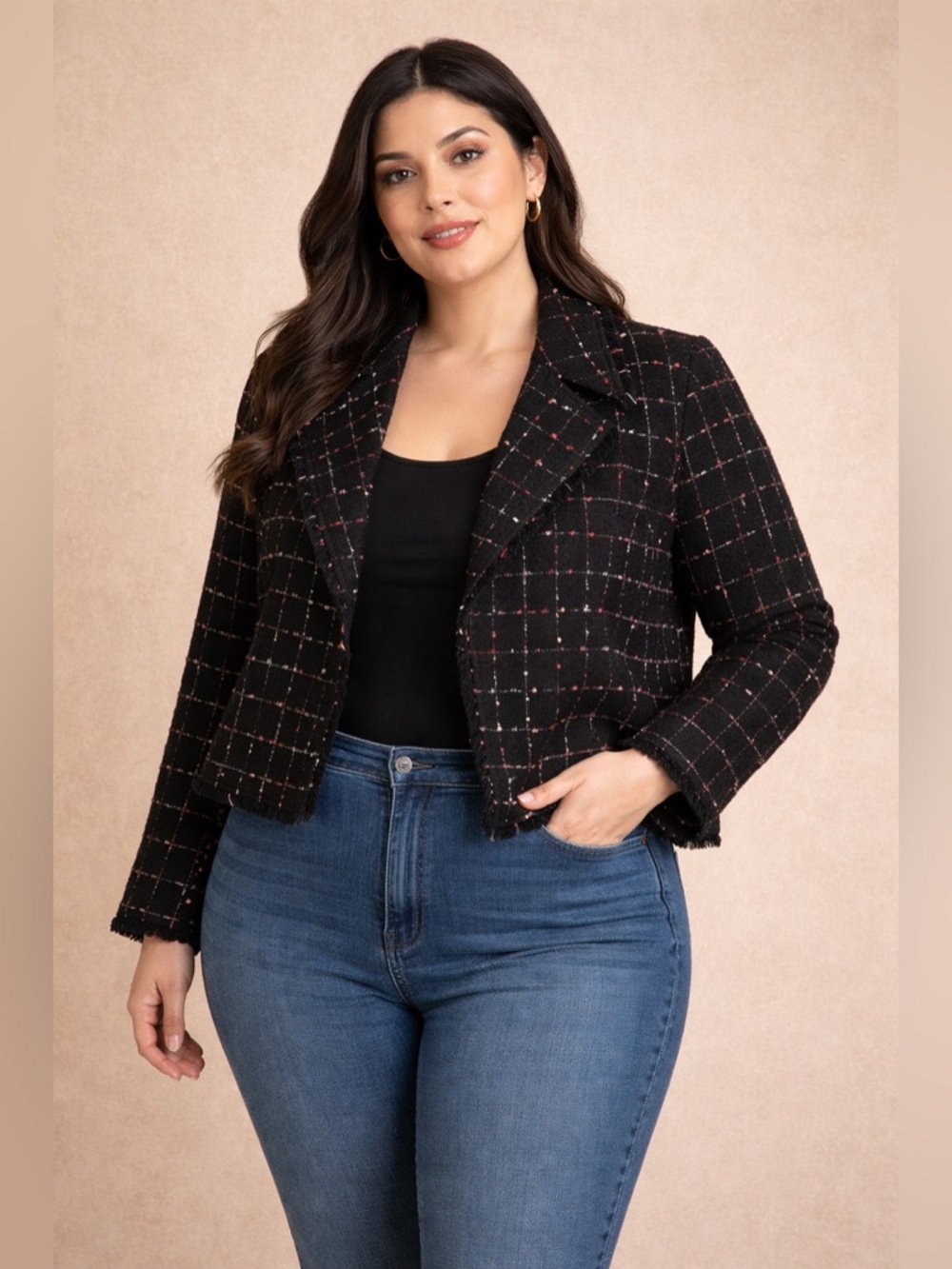 NWOT Vince Camuto Boucle Blazer Black Red Pink Tweed Fringe Jacket 1X